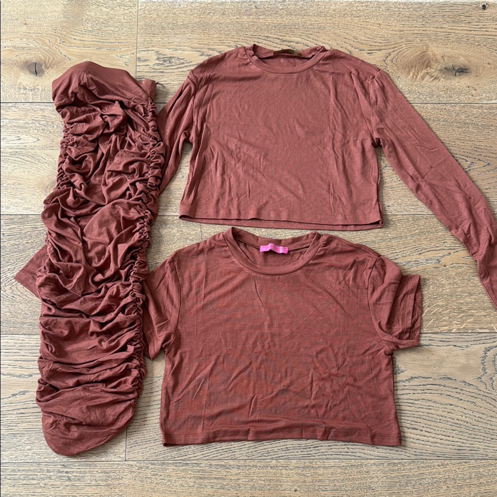 Women’s 3 Piece Rust Crop Top Set with Ruched Skirt